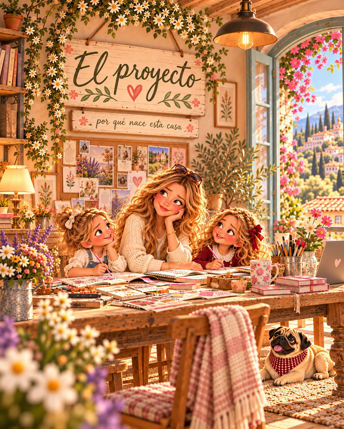 En el taller del proyecto mamá y dos niñas dibujan juntas sobre una mesa, con un carlino descansando cerca y un letrero de El proyecto.