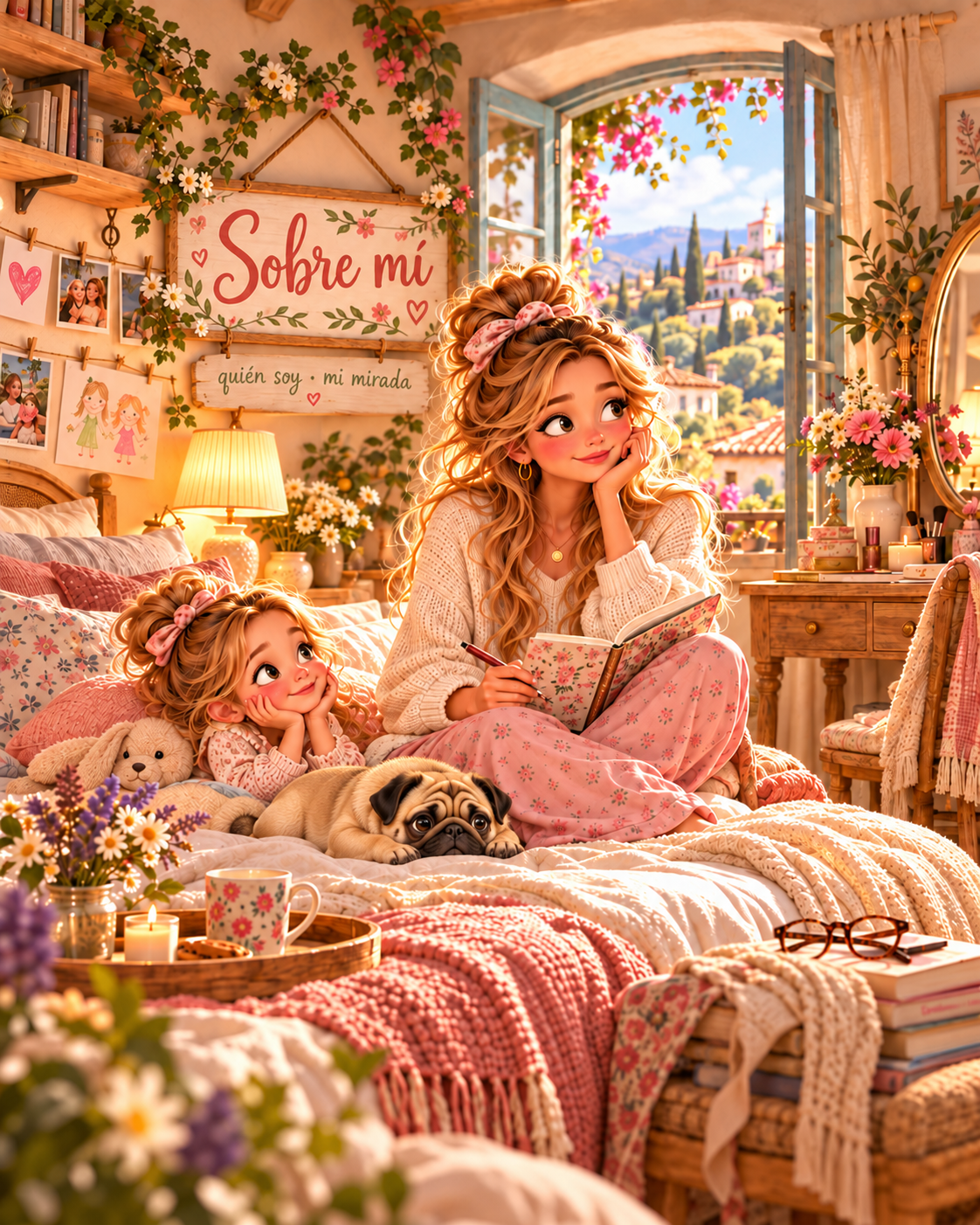 Dormitorio cálido e ilustrado, con Nerea escribiendo, una niña a su lado y un carlino descansando.